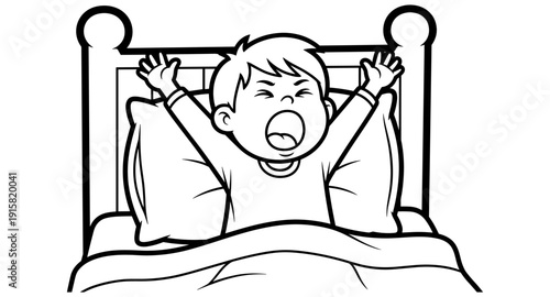 Cute cartoon boy yawning and stretching in bed, waking up in the morning