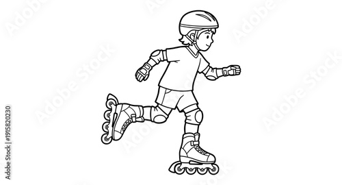Young boy in protective gear rollerblading with a smile on his face