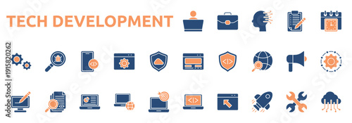 Tech Development icon two color style with configuration, Laptop, program, startup, maintenance, computing icons