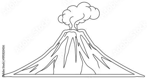 Simple line drawing of a smoking volcano erupting with clouds of smoke against a white background