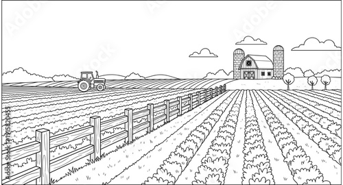 Cartoon farm scene with tractor, barn, silos, and cultivated fields under a cloudy sky