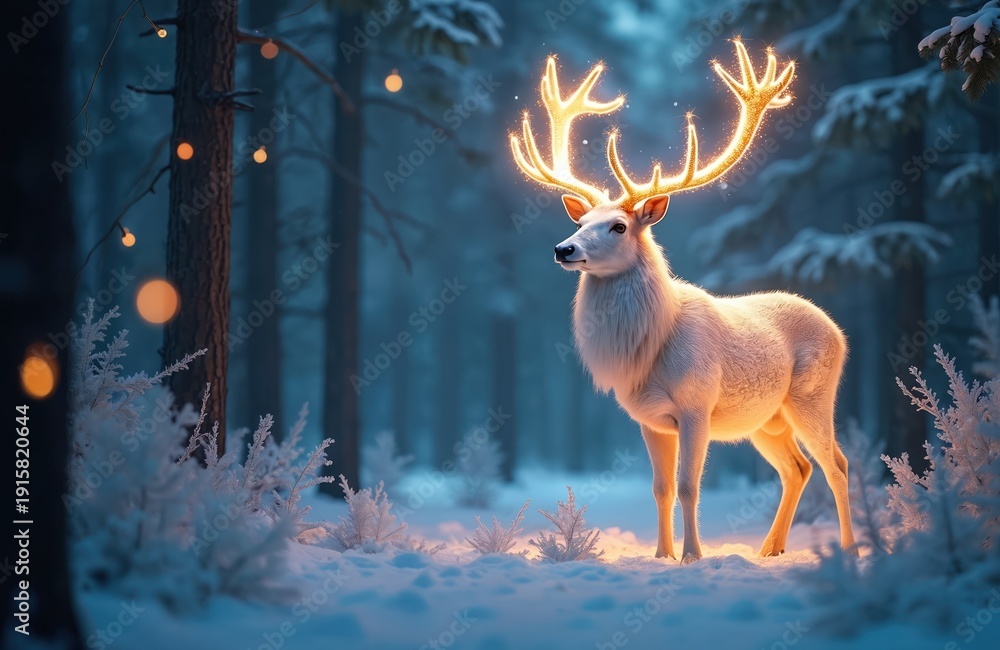 Obraz premium White deer stands in snowy forest with glowing antlers. Magical winter woods, fairy lights on trees. Peaceful atmosphere, gentle animal in nature scene.