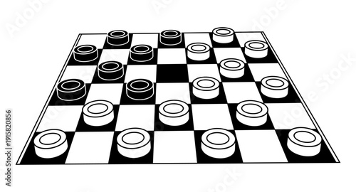Checkers board game with pieces in perspective, black and white illustration