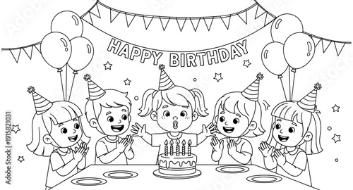 Children celebrating a birthday party with cake, balloons, and party hats