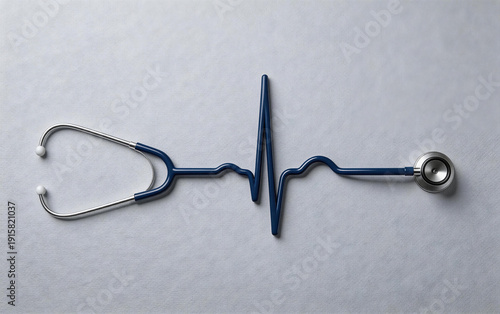 Stethoscope creatively shaped into an EKG (ECG) line on a plain light background, symbolizing medical diagnosis, heart health, and healthcare technology integration.