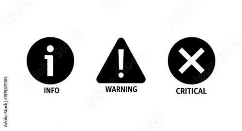 Information, warning, and critical status icons displayed side-by-side on white background