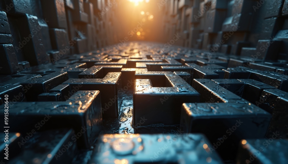 Fototapeta premium Dark metallic maze pathway recedes into bright light. Sharp geometric shapes form walls, wet surfaces reflect orange glow. Endless structure, challenge, mystery, digital design.