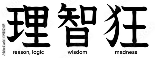 Photography Japanese kanji characters for wisdom, logic, reason and madness isolated on tran