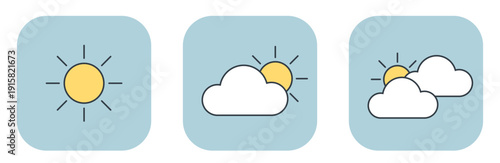 Set of three weather icons showing sun, partly cloudy, and cloudy conditions. Vector illustration for spring design