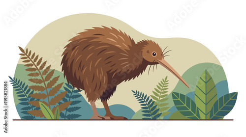 Flat Design Kiwi Bird Vector Illustration in Nature Background. Realistic New Zealand Animal with Ferns. Wildlife Scene for Environmental and Travel Design Projects.
