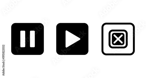 Set of three media player icons: pause, play, and stop or close