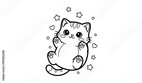 Kawaii Cute Cat Coloring Page for Kids Chubby Kitten Outline Illustration