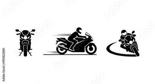 Collection of three black motorcycle icons showing different views and actions