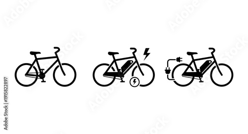 Icons representing a standard bicycle, an electric bike with a battery, and a charging electric bike