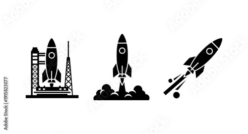 Rocket launch sequence icons: ready, liftoff, and in flight