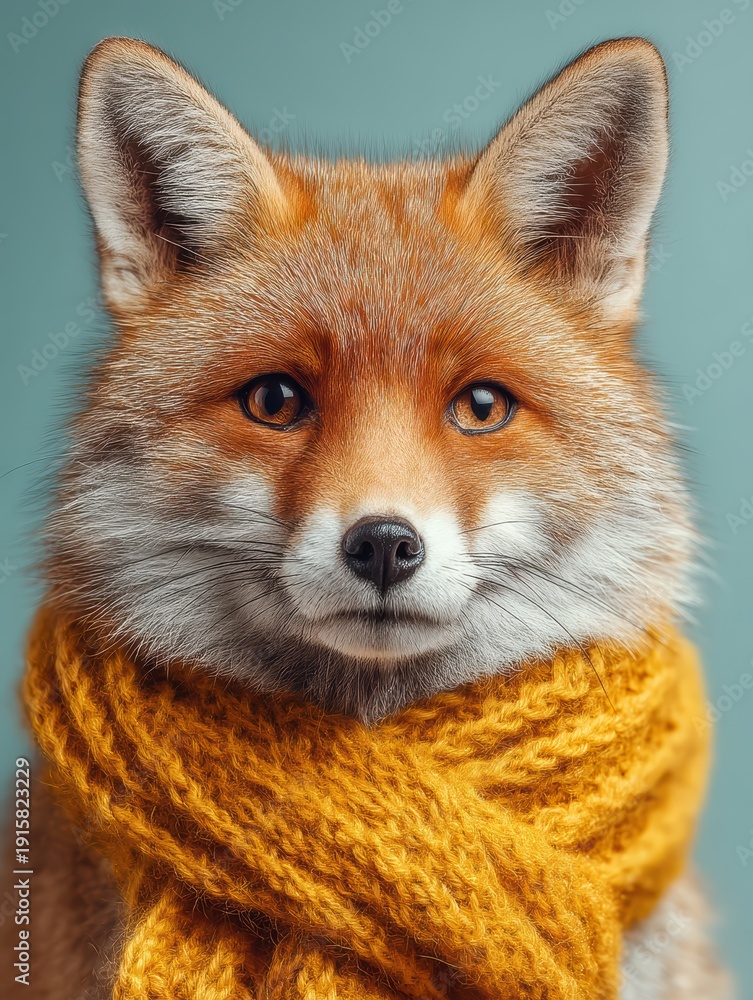 Fototapeta premium Red fox in mustard yellow scarf minimalist wildlife photography