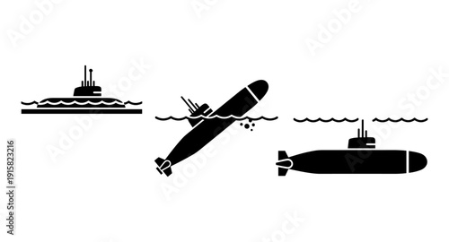 Collection of submarine icons showing different positions and states on the water