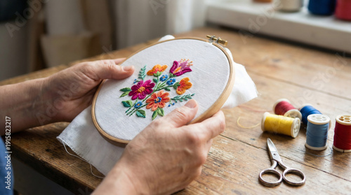 Woman embroidering colorful floral pattern on fabric at wooden table  