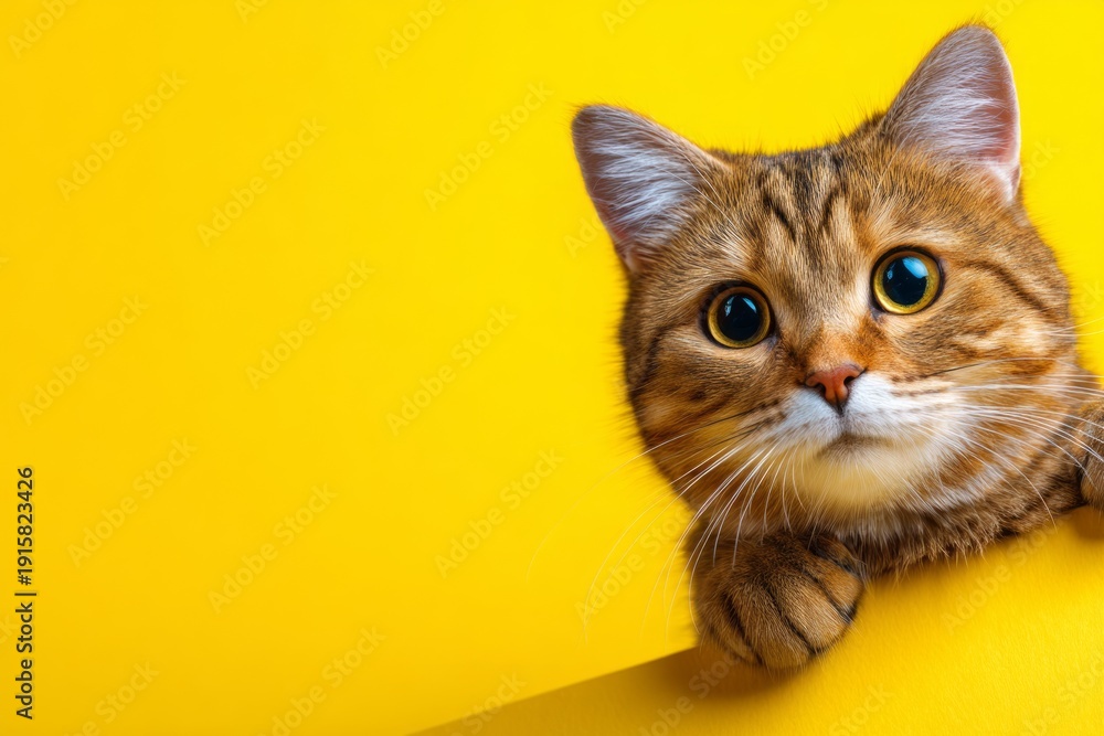Obraz premium Colorful Cat Face Peeking from Yellow Background in Playful Space