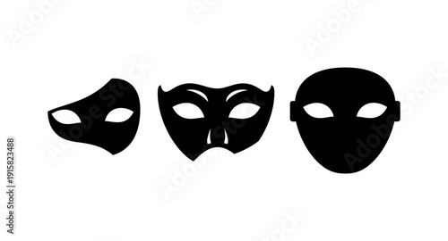 Three distinct black silhouette masks with white eye cutouts on a white background