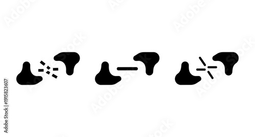 Three abstract shapes showing connection, separation, and disruption in a sequence