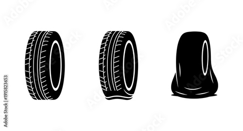Comparison of a new tire, a slightly deflated tire, and a completely flat tire