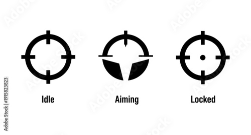 Three different crosshair icons representing idle, aiming, and locked target states