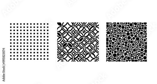 Three distinct black and white geometric patterns displayed side by side on a white background