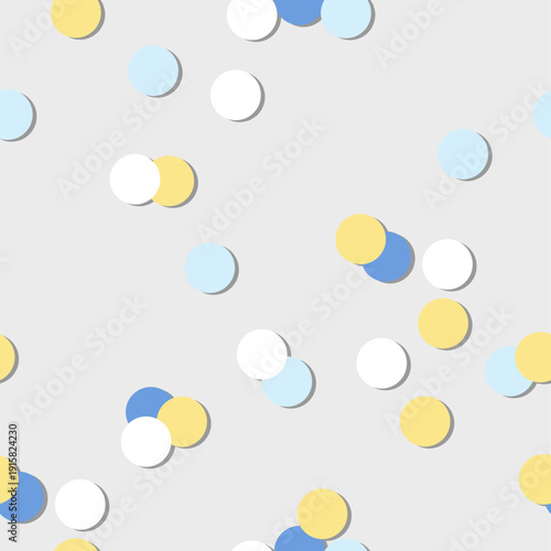 Geometric pattern. Gray background with irregularly arranged circles in blue, yellow, and white. Minimalistic design, retro style, vector.
