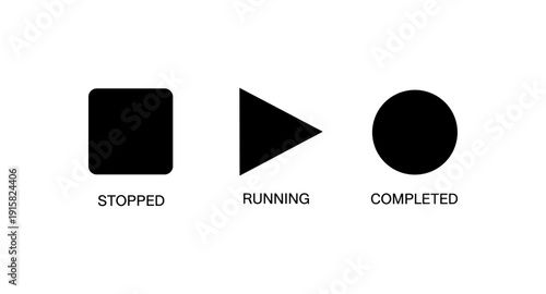 Simple icons representing stopped, running, and completed states on a white background