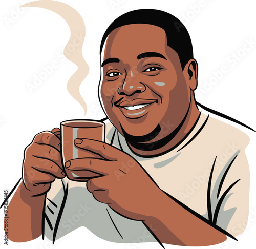 Fat black man smiling while holding warm drink in relaxed friendly pose