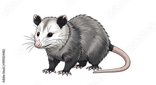 Realistic Opossum Vector Illustration. Detailed furry marsupial animal standing side view isolated on white background. North American wildlife nature concept.