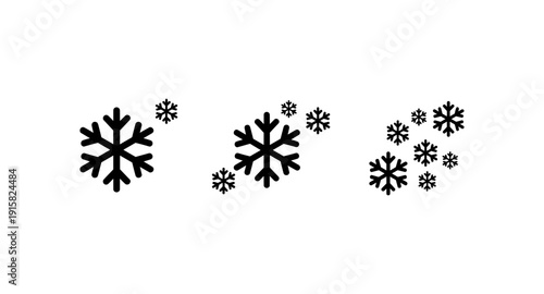 Collection of black snowflake icons representing falling snow and winter weather