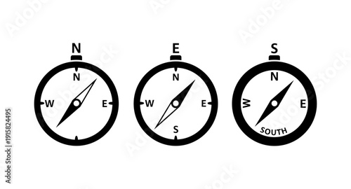 Three black compass icons showing north, east, and south directions on a white background