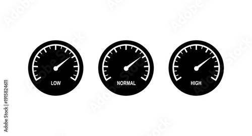 Three gauges showing low, normal, and high levels on a white background