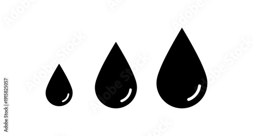 Three black water drops in increasing size on a white background