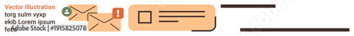 Email notifications, digital communication, workflow alerts, business correspondence, message delivery, online messaging. Envelopes with alert symbol, abstract layout. Email notifications and digital