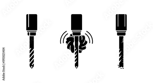 Set of three drill bits icons showing drilling process and tool