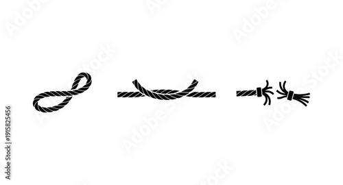 Three stages of rope: tied loop, knot, and broken strands symbolizing connection and failure