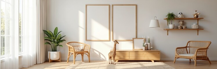 Scandi-Boho kids room with rattan furniture, two blank wood frames on wall, giraffe toy and plant. Bright room with daylight, cozy seating. Neutral unisex interior design.