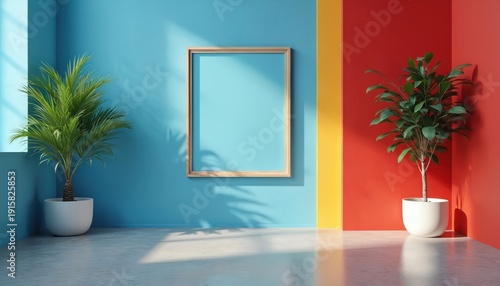 Modern room with blue and red walls. Interior features empty wooden frame on wall, window, plants in pots, and light patterns on floor. Bright empty space.