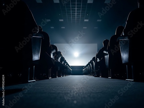 Low Angle View of Cinema Aisle with Audience and Bright Screen. Generative Ai
