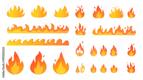 Flame icons set, fire symbols in different shapes and sizes
