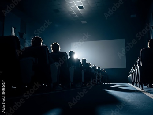 Low Angle View of Cinema Aisle with Audience and Bright Screen. Generative Ai
