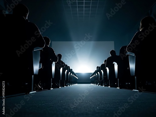 Low Angle View of Cinema Aisle with Audience and Bright Screen. Generative Ai