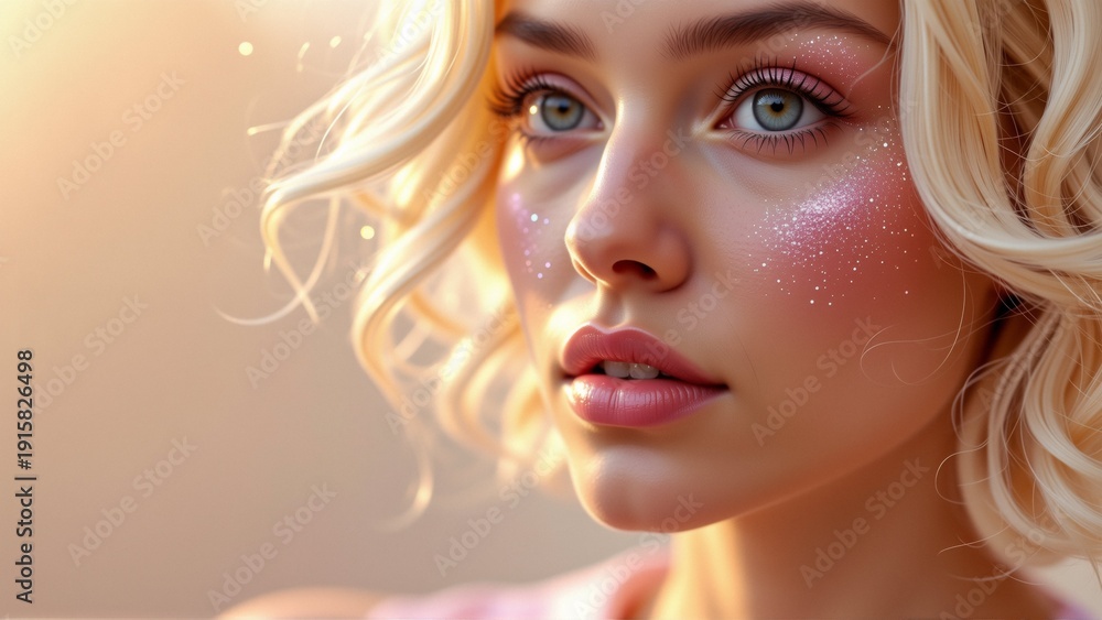 Fototapeta premium close portrait young woman face she has blonde hair styled loose curls falls over her shoulders her eyes blue her eyebrows perfectly groomed she looking directly camera serious expression background