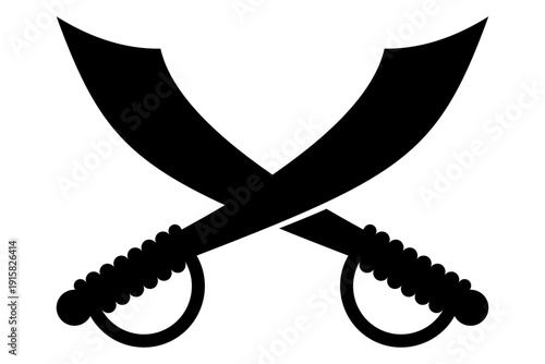 Two crossed scimitar swords vector illustration black silhouette flat design isolated on white for pirate theme sea adventure combat emblem and historical weapon concept for gaming or graphic design.