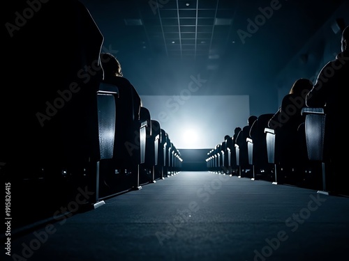 Low Angle View of Cinema Aisle with Audience and Bright Screen. Generative Ai