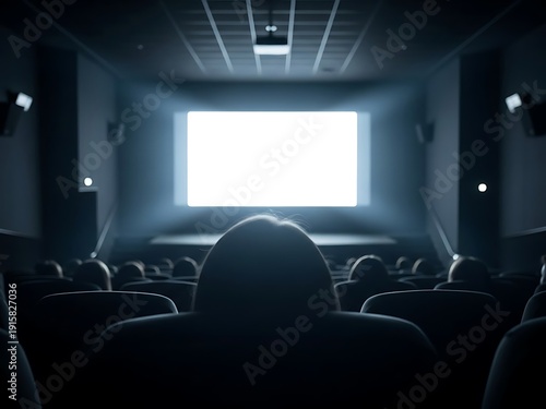 Cinematic View of Audience Watching Blank White Movie Screen. Generative Ai