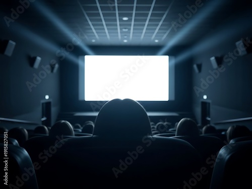 Cinematic View of Audience Watching Blank White Movie Screen. Generative Ai